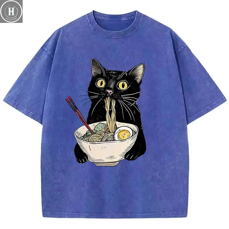 Unisex Hip Hop T Shirt Vintage Washed 100% Cotton T-Shirt Black Retro Cat Eating Ramen Graphic Tee Casual Streetwear HALALZEN
