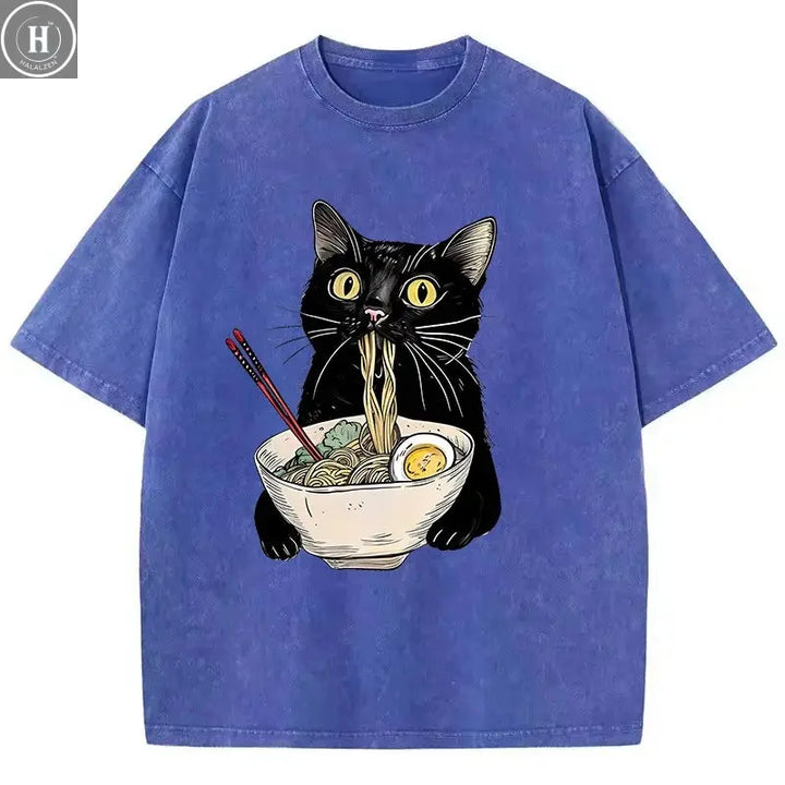 Unisex Hip Hop T Shirt Vintage Washed 100% Cotton T-Shirt Black Retro Cat Eating Ramen Graphic Tee Casual Streetwear HALALZEN