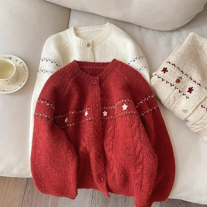 Christmas Red Flower Embroidered Knitted Cardigan Autumn Winter Women's Round Neck Single Breasted Sweater Warm Jacket Tops Coat