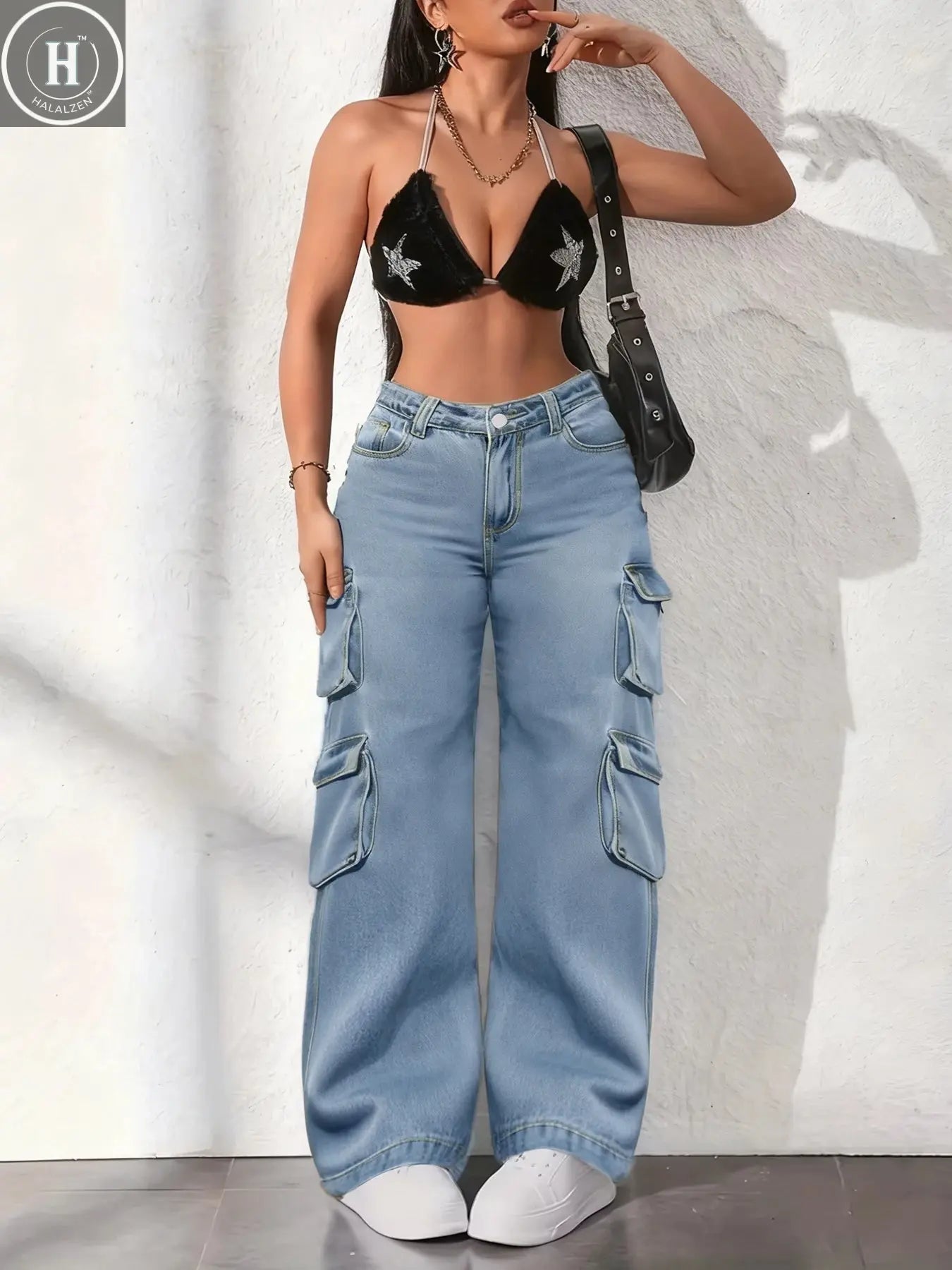 Plus size cargo pants for women, Fashionable multi pocket wide leg jeans, loose high waisted light blue jeans Halalzen UK