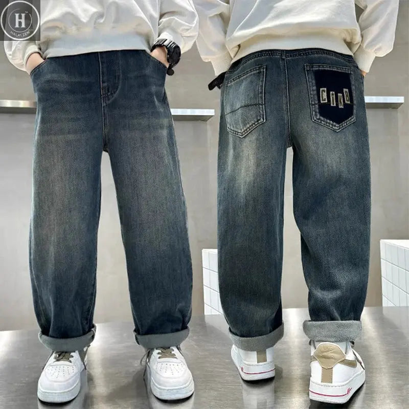 Boys Warm Plush Jeans Autumn Winter Straight Loose Fit Casual Trousers Kids Fashion Streetwear Denim Pants 5-14 Years HALALZEN
