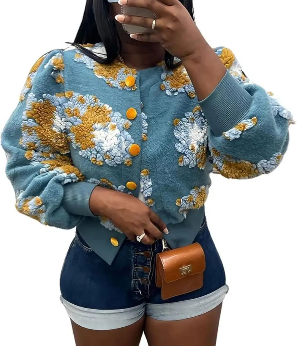 Wool Coats for Women Floral Puff Sleeve Embroidered Printing Short Fall Winter Jacket