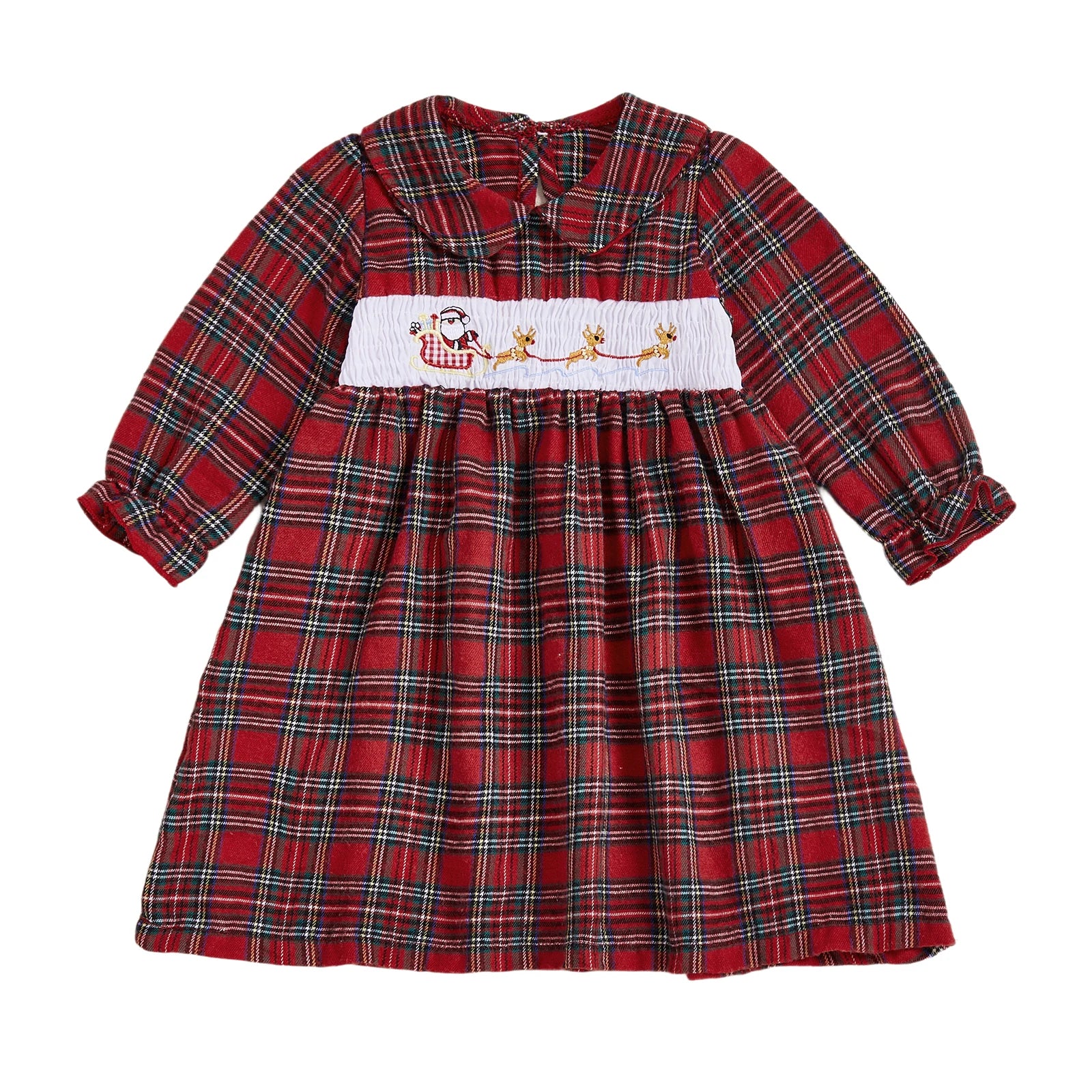 Christmas Plaid Dress with Santa and Reindeer Embroidery Doll Collar Long Sleeves A-line Silhouette - Adorable Winter and