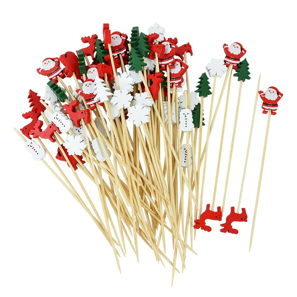 50Pcs Christmas Bamboo Food Picks Toothpicks Santa Dessert Buffet Fruit Salad Christmas Decoration New Year Xmas Party Supplies