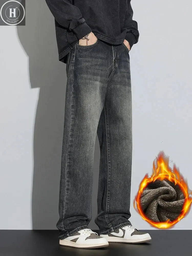High Quality Winter Fleece Wide Legs Men's Jeans Warm Thickened Velvet Loose Straight Casual Denim Pants Korean Fashion Trousers HALALZEN