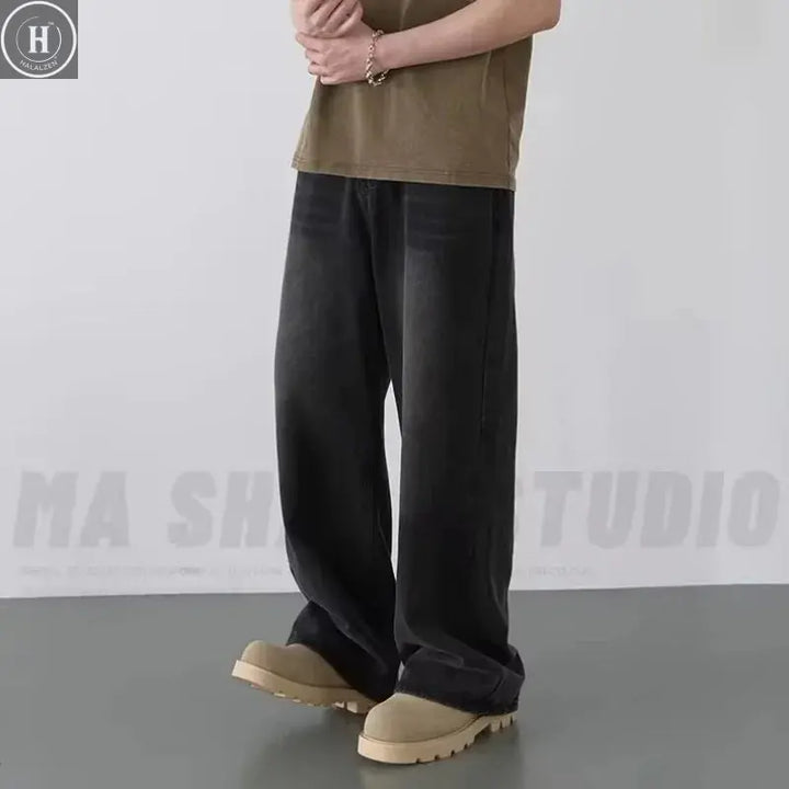 Spring Autumn Men's New Denim Pants Old Blue Washed Casual Jeans Menwear Loose New Fashion contrasting color Wide Leg Trousers HALALZEN