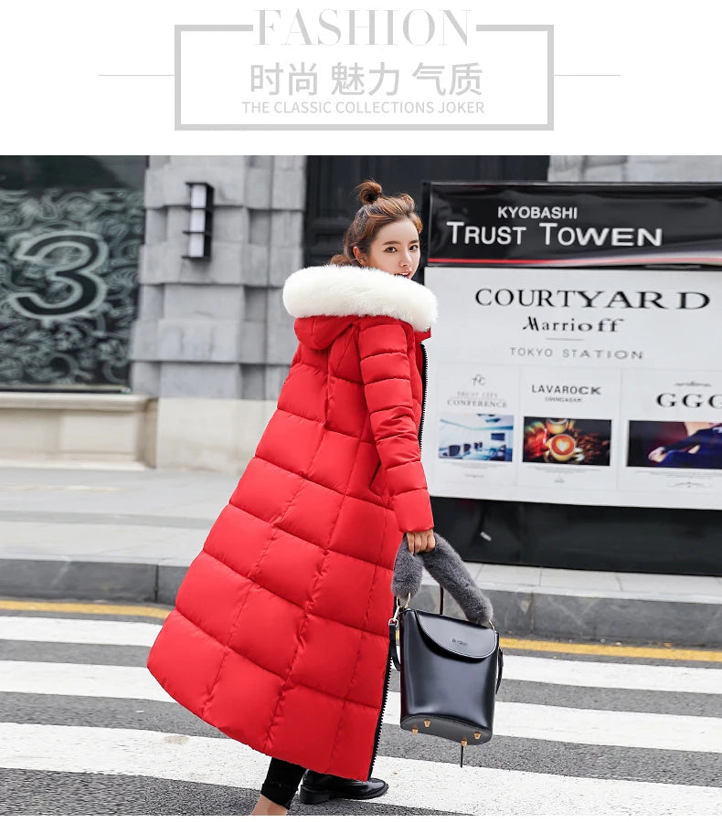 Fashion Warm Hooded Winter Coat Women Fur Collar Jacket Casual Bisic Coats Female Lady Lengthen Thickening Waterproof Slim Parka