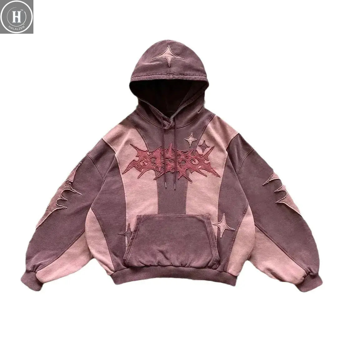 Fashion Color Matching Creative Pattern Patchwork American Harajuku Pullover 2000s Street Rock Vitality Long Sleeve Loose Hoodie HALALZEN