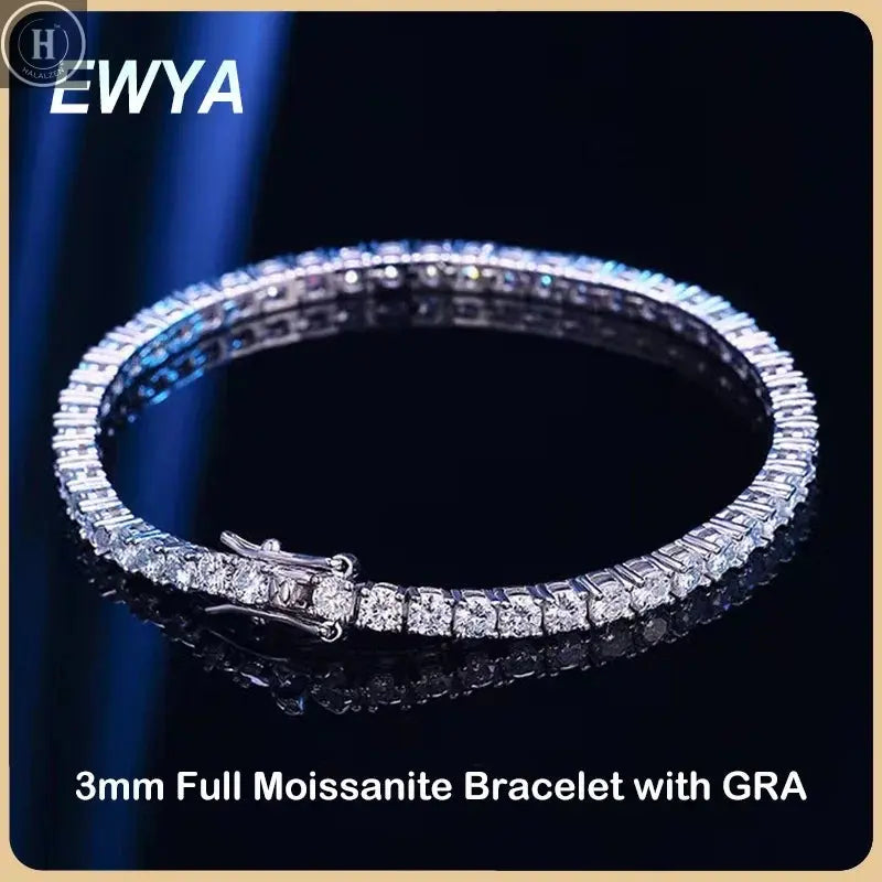 EWYA 925 Sterling Silver Moissanite Bracelet 0.1ct 3mm D VVS1 Diamond with GRA for Women Sparkling Wedding Party Fine Jewelry HALALZEN