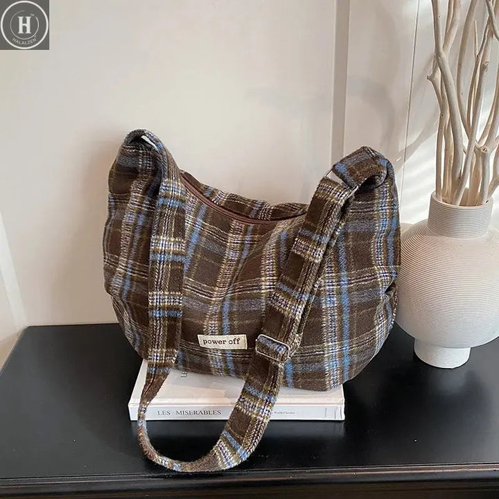 Fashion Versatile Plaid Shoulder Bag Retro Crossbody Wool Commuter Fashion Large Capacity Backpack HALALZEN