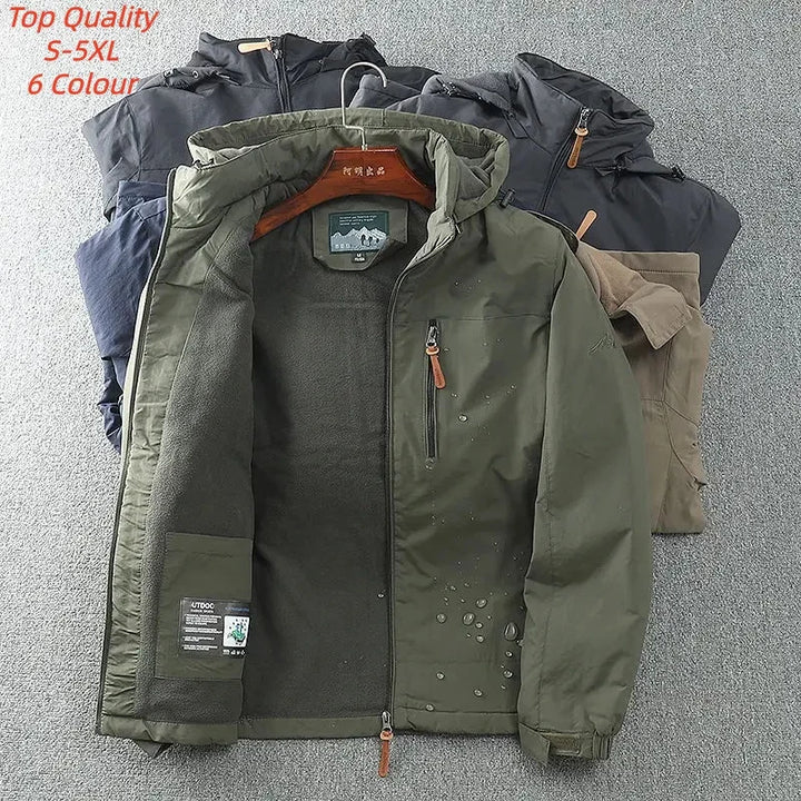 Men's Casual Fleece-Lined Jacket Outdoor Windbreaker Hooded Unisex Loose Fit Autumn Winter Fashion Urban Style Polyester Fabric