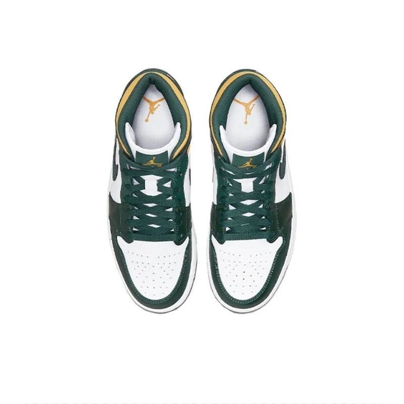 Original Air Jordan 1 Mid Seattle Supersonics High Top Retro Basketball Shoes Men's White Green Yellow Sneakers