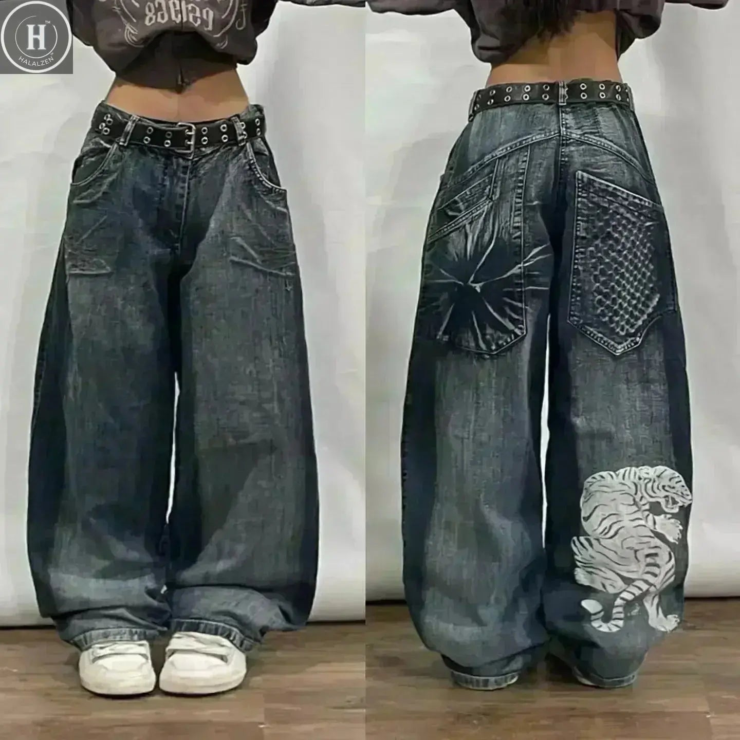American Street Trend Letter Embroidered Loose Jeans Men Harajuku Y2K New Hip Hop Oversized Wide-leg Pants Unisex Mopping Jeans HALALZEN