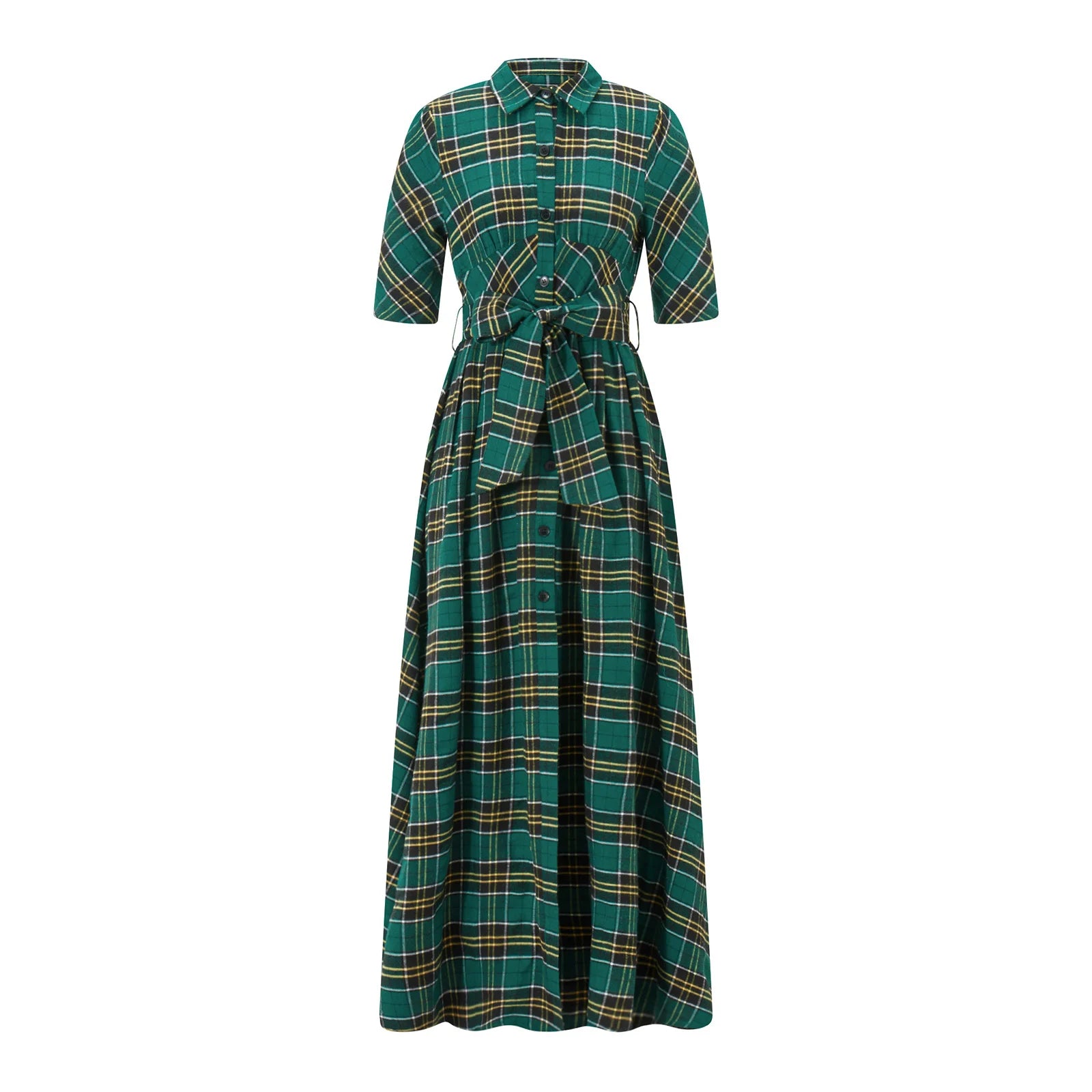 Women Christmas Shirts Dress Plaid Turn-Down Collar Half Sleeve Dress Fashion Button-Down Holiday Dress with Belt