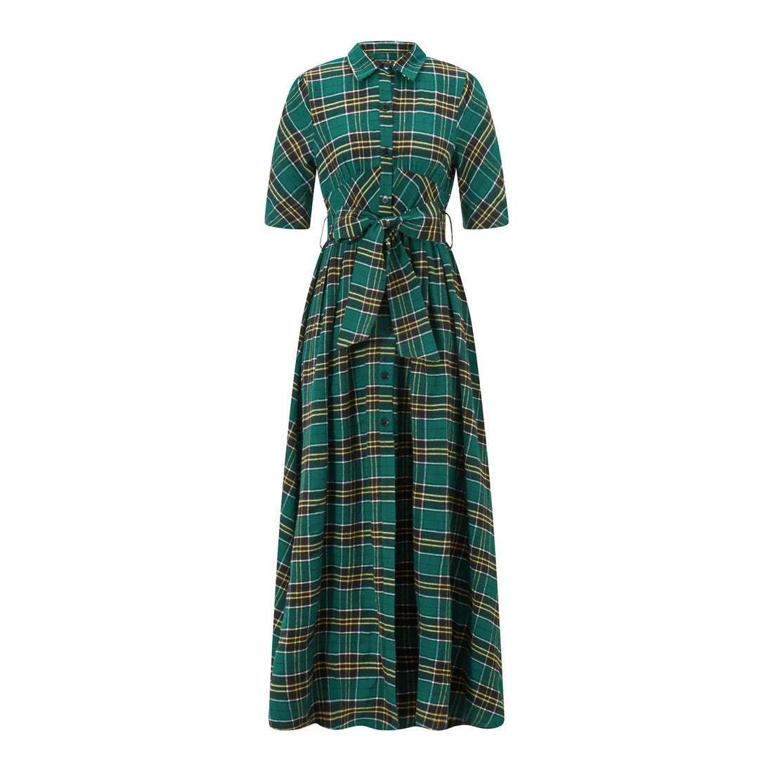 Women Christmas Shirts Dress Plaid Turn-Down Collar Half Sleeve Dress Fashion Button-Down Holiday Dress with Belt