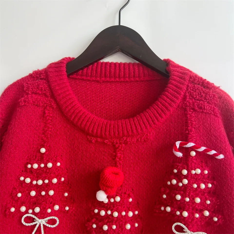 Autumn/Winter Christmas Sweater For Women Bow Nail Bead Red Knitted Pullover Tops American Fashion Jacquard New Year's Jumpers