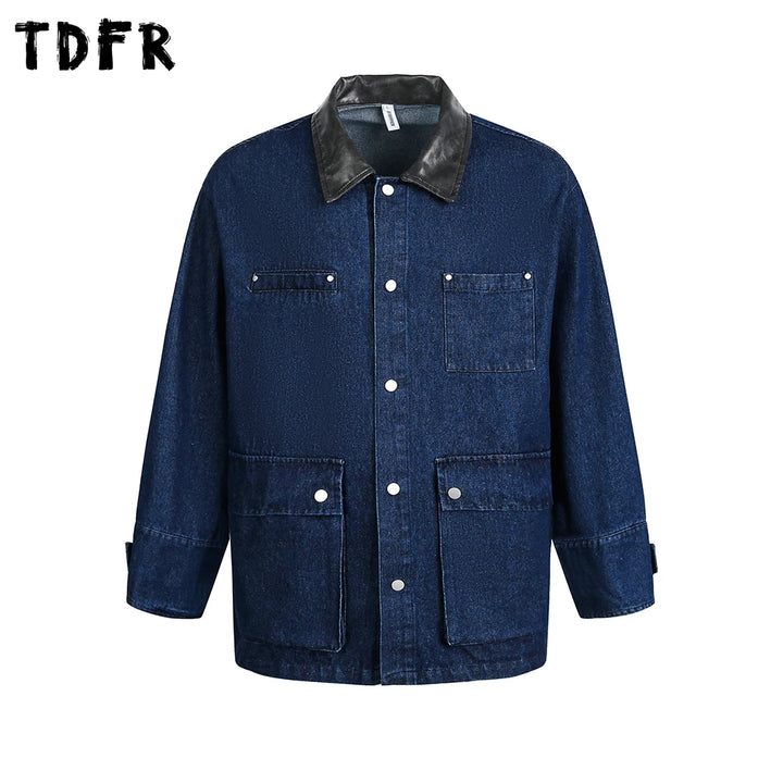 Multi-Pocket Denim Jacket Mens Retro Casual Autumn Single Breasted Spliced Lapel Long Sleeve Outerwear Man