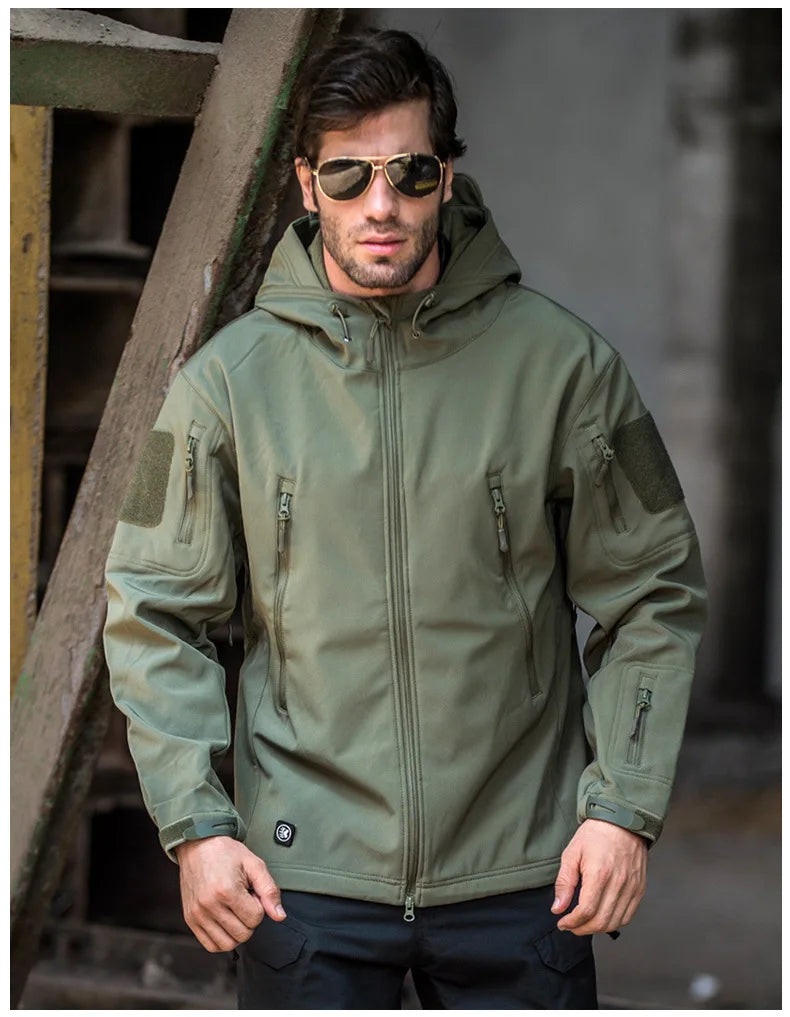 TRAF 2024 New Fashionable Shark Skin Soft Shell Jacket Men's Tactical Windproof Waterproof Jacket Men's Jacket Hooded Jacket