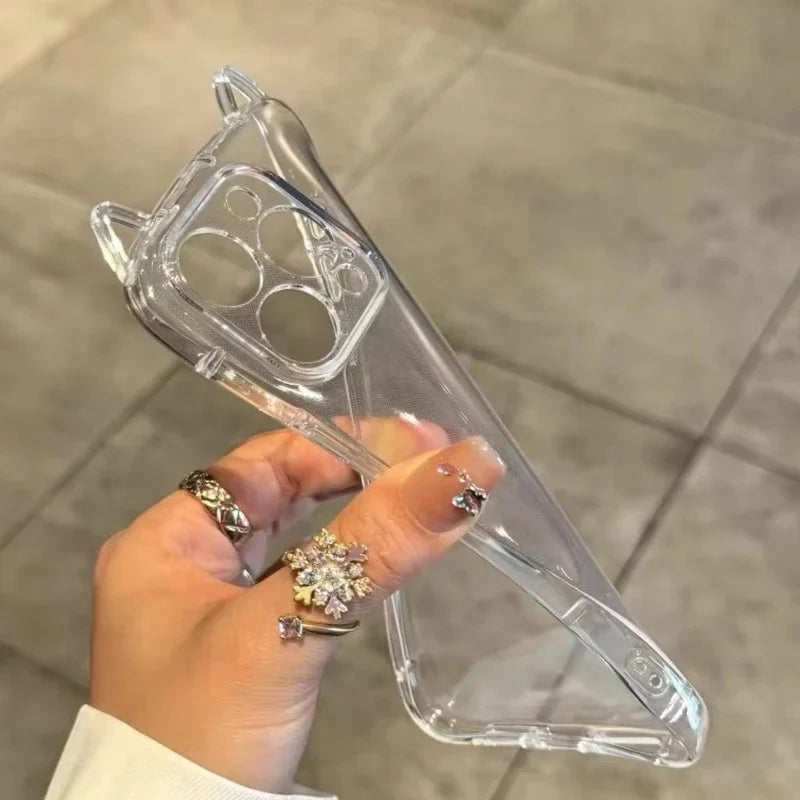 3D Hollow Out Cute Cat Ears Clear Phone Case For iPhone 17 Air 16 15 14 13 12 11 17 Pro Max Plus X XR XS Airbag Shockproof Cover