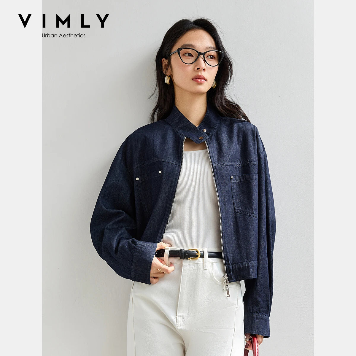 VIMLY Blue Denim Jackets Women Stand-up Collar Short Jeans Jacket Ladies 2025 Spring Autumn Zipper Loose Outerwear Woman A0616