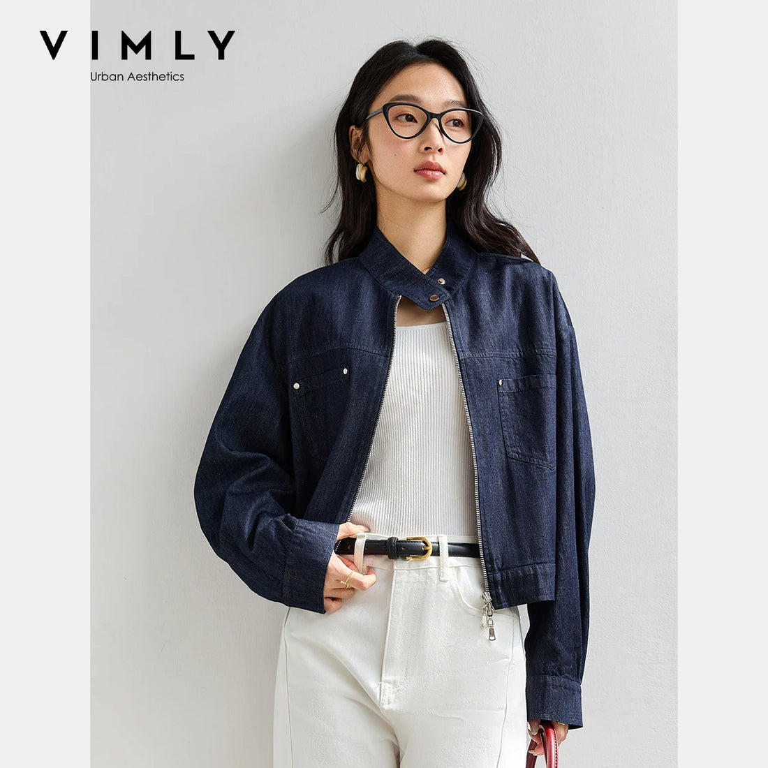 VIMLY Blue Denim Jackets Women Stand-up Collar Short Jeans Jacket Ladies 2025 Spring Autumn Zipper Loose Outerwear Woman A0616