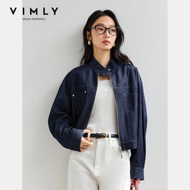 VIMLY Blue Denim Jackets Women Stand-up Collar Short Jeans Jacket Ladies 2025 Spring Autumn Zipper Loose Outerwear Woman A0616