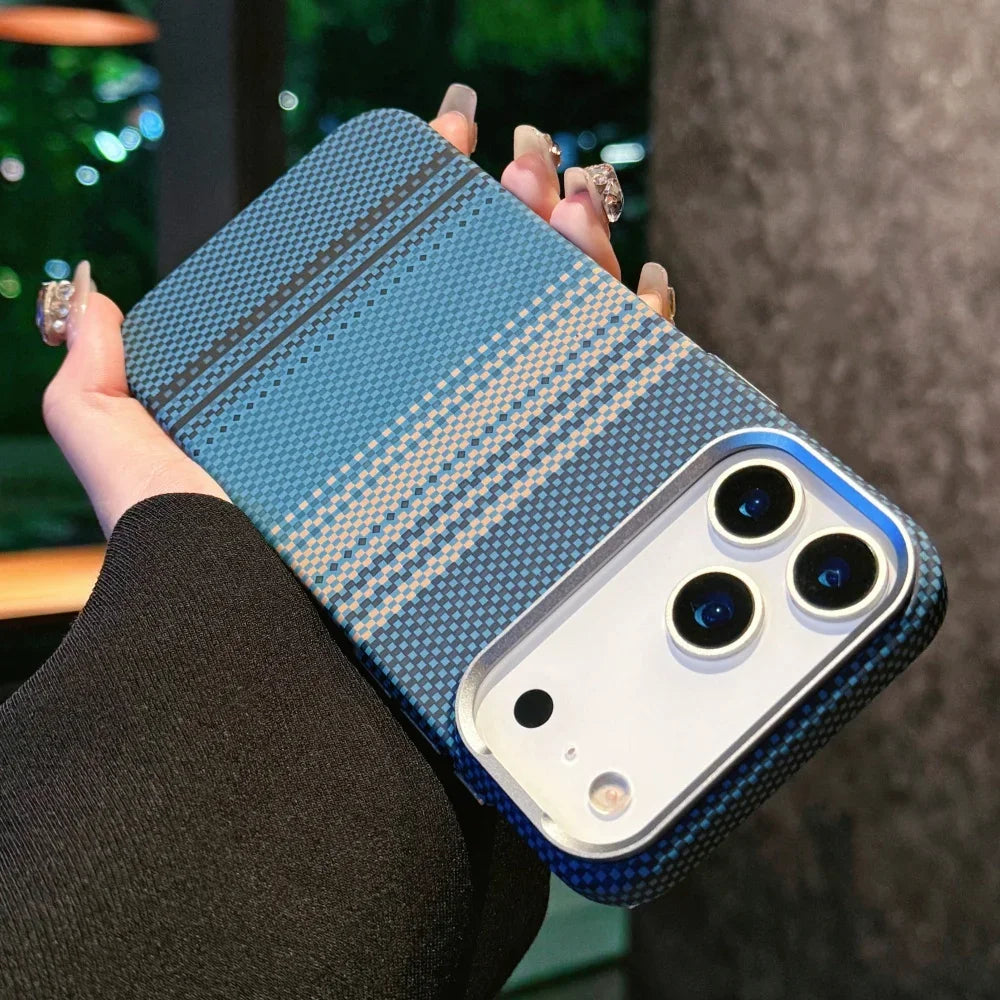 Carbon Fiber Relief Magsafe Case For iPhone 13 14 15 16 17 Pro Max Plus Magnetic Wireless Charging Alloy Lens Shockproof Cover