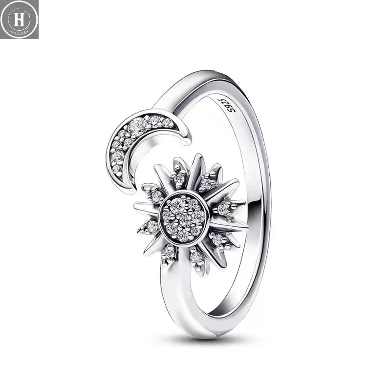 Hot Sale Original 925 Sterling Silver Women Finger Rings for Women Silver Love Heart Rhomboid Moon Star Luxury Jewelry Trinkets HALALZEN