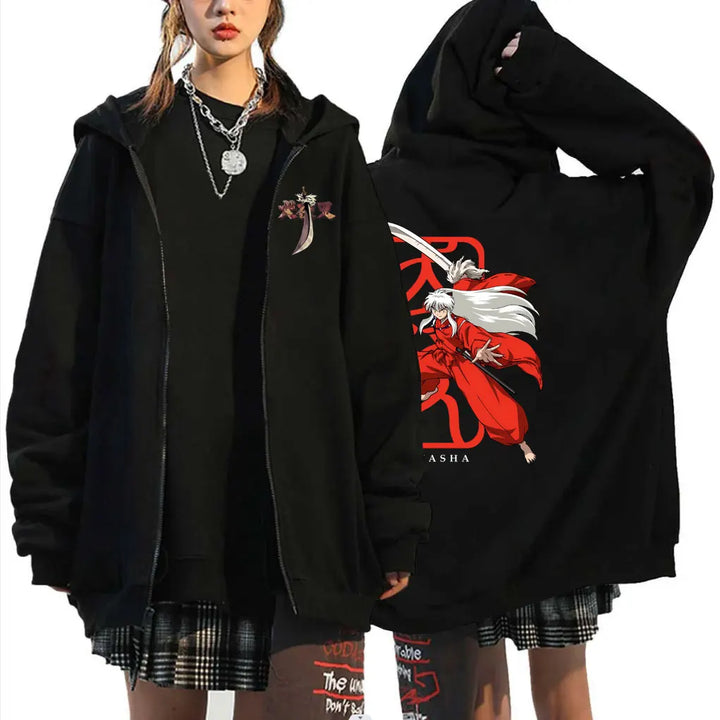 Anime Inuyasha Graphic Zipper Hoodie Unisex Manga Casual Zip Up Sweatshirt Men Women's Fashion Oversized Jacket Coat
