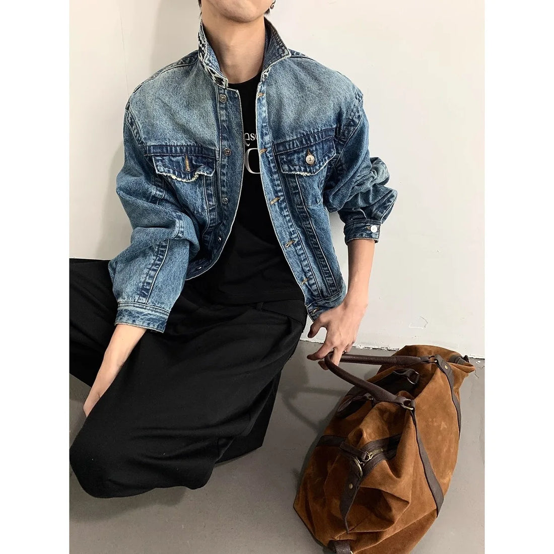 Egyptian Relic Print Patchwork Men's Denim Jacket, Washed Cropped Mans Jeans Coat, Oversize Casual Woman Jakets