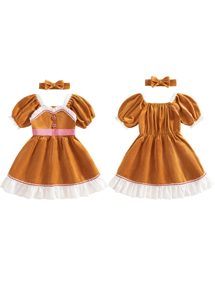 Little Girls Christmas A-line Dress Short Sleeve Candy Button Decor Dress with Headband