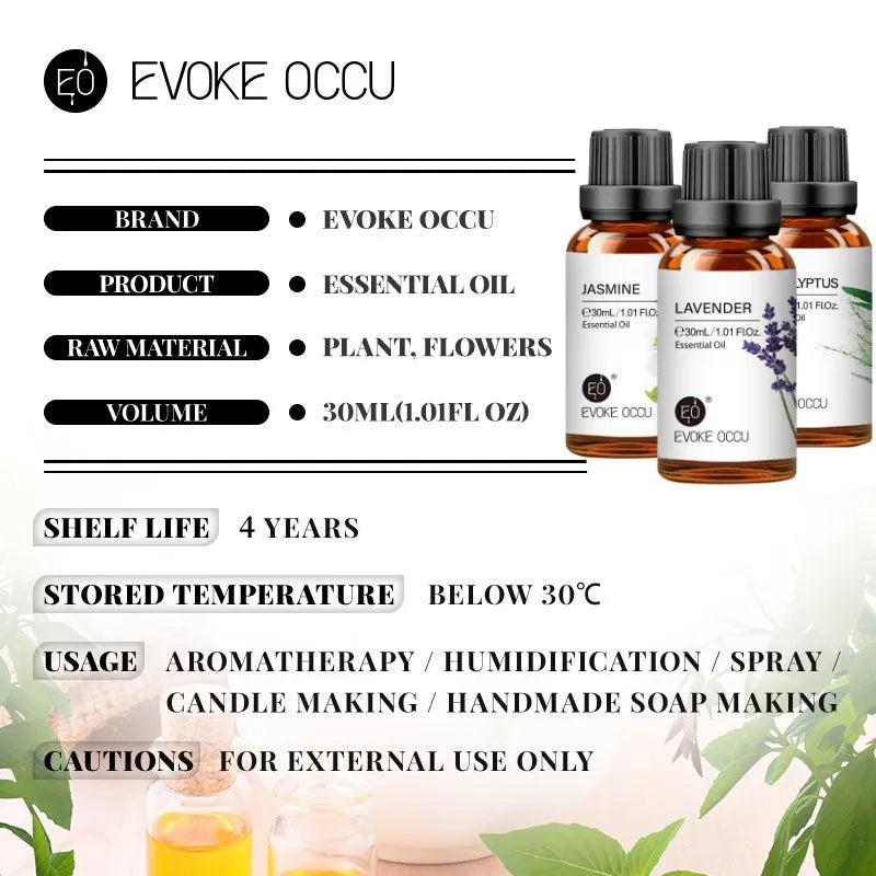 30ML Pure Jasmine Rose Mint Lavender Vanilla Essential Oil for Diffuser, Humidifier, Massage, Skin Hair Care, Soap Candle Making HALALZEN