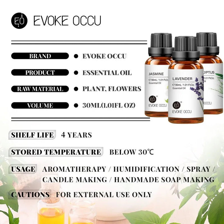 30ML Pure Jasmine Rose Mint Lavender Vanilla Essential Oil for Diffuser, Humidifier, Massage, Skin Hair Care, Soap Candle Making HALALZEN