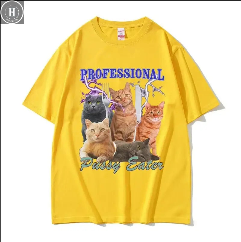 Professional Pussy Eater Funny Cat Lover Tee Shirt Men's Casual Fashion Clothing T-shirt Unisex 100% Cotton Oversized T Shirts HALALZEN