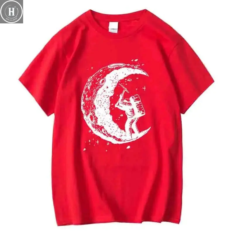 Men's High Quality 100% Cotton Moon Print Casual Summer Cool Short Sleeve Men Tshirt Loose t-shirt Male Tee Shirts Male Tee Tops HALALZEN