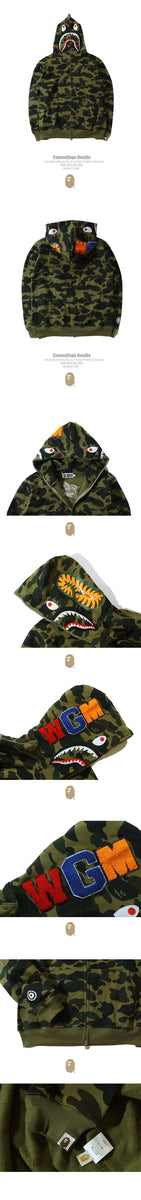 100% Cotton Trendy Shark Camouflage Zippered Hoodie for Men and Women Fine Embroidery Loose Fitting Pure Cotton Plush Hooded Ca