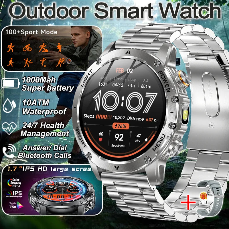 2026 New Military Smart Watch 1000Mah Battery Fitness Tracking 10ATM Waterproof Tactics Sport Flashlight call Bracelet For Men