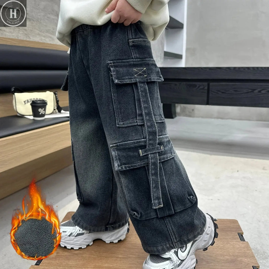 New Arrival Boys' Winter Fleece-Lined with Multi Pockets Washed Dark Denim Pants, Trendy Streetwear Workwear Trousers HALALZEN