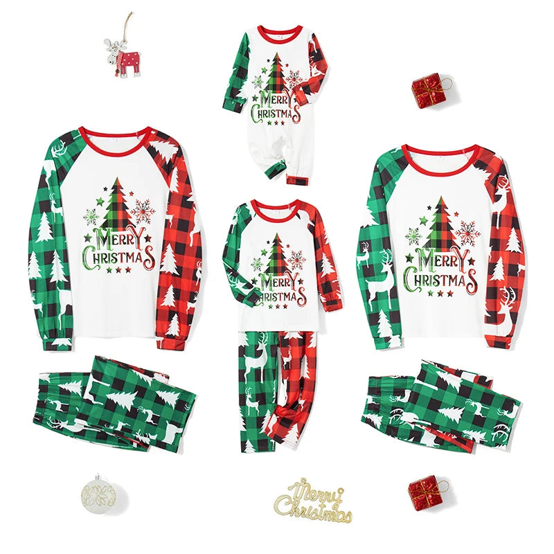 Christmas Family Pajamas Matching Set Reindeer Print Long Sleeve Tops and Striped Pants Sleepwear for the Holidays