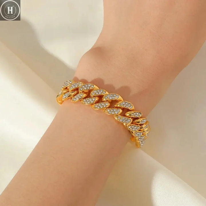 Stainless Steel Gold Color Cuban Chain Bracelet For Women Men Trendy Punk Waterproof Wrist Chain Jewelry Gift Party HALALZEN