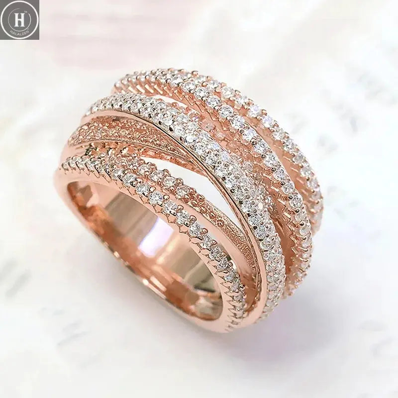Luxury Female Rings 925 Sterling Silver Multi Layered Cross Ring for Women Micro Inlaid Zircon Promise Love Engagement Jewelry HALALZEN