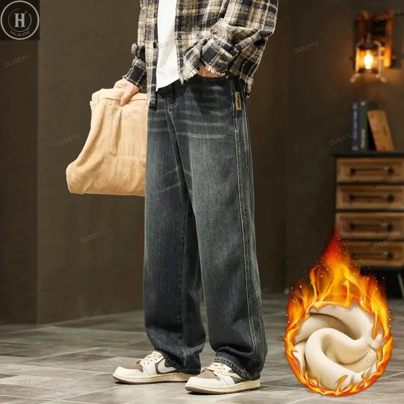 High Quality Winter Fleece Warm Jeans Men Cotton Loose Wide Leg Pants Korean INS Y2K Harajuku Velvet Flocking Outdoors Trousers HALALZEN