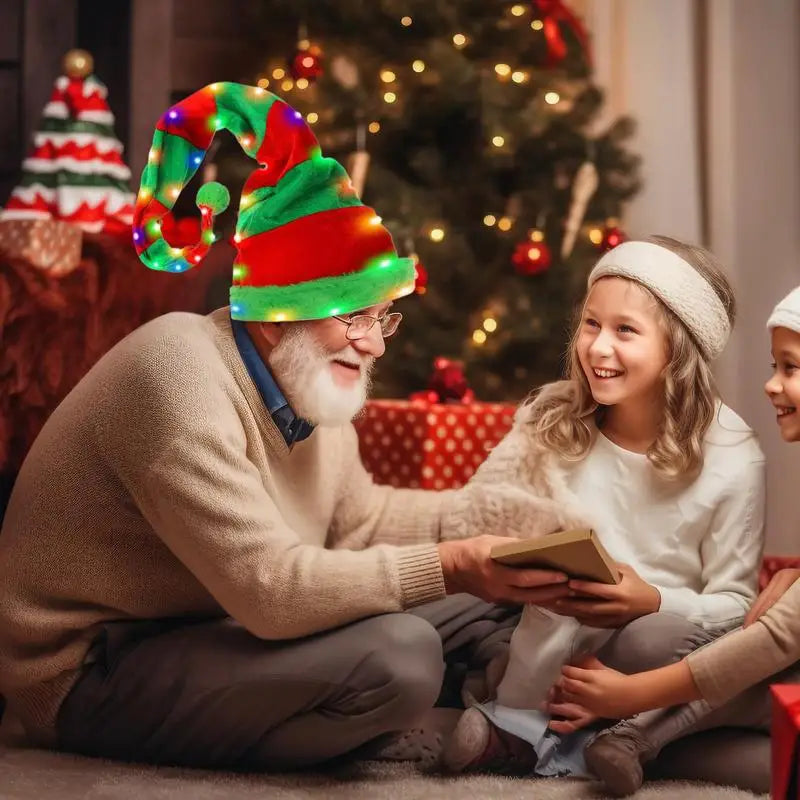 Christmas Creative LED Gold Velvet Light up Christmas Hat Elf Hat Decoration with 3 Button battery Holiday Party Dress Up hat