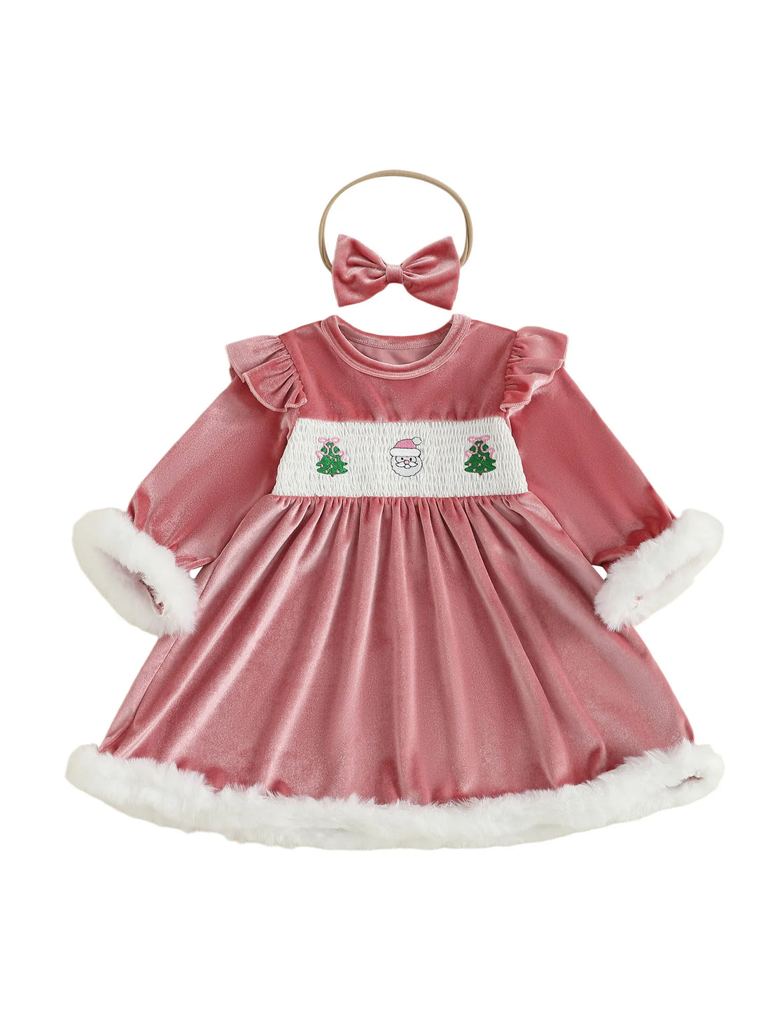 Christmas Toddler Girl Velvet Dress with Santa Claus Embroidery Round Neck Long Sleeves A Line Silhouette and Matching Bow
