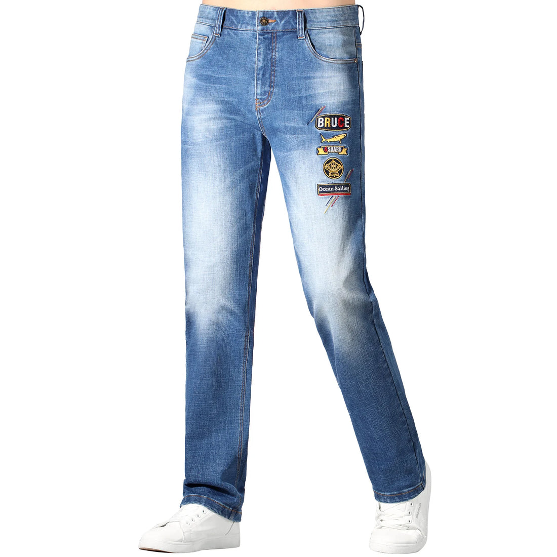 2025 Stretch Men's Jeans, New Trend Embroidered Blue Jeans, Bruce&Shark Loose Straight Leg Jeans For Man, Thick Cotton Big Size