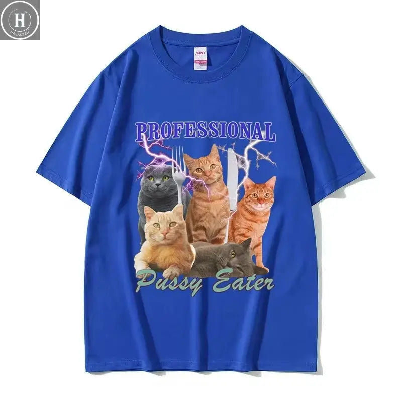 Professional Pussy Eater Funny Cat Lover Tee Shirt Men's Casual Fashion Clothing T-shirt Unisex 100% Cotton Oversized T Shirts HALALZEN