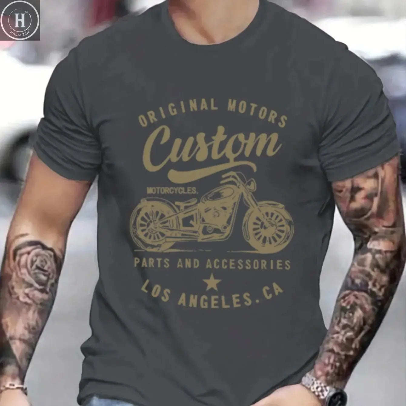 Men's 100% cotton fashionable casual loose oversized retro motorcycle pattern printed round neck short sleeved t-shirt HALALZEN