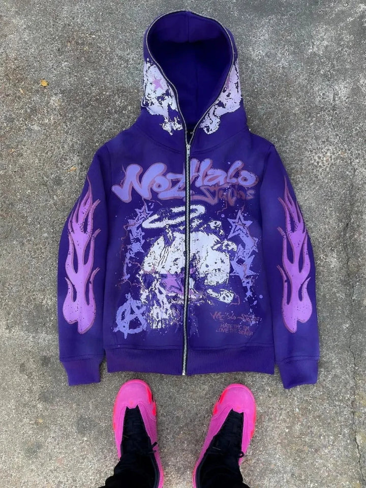 American retro Harajuku street dark hip-hop high street cartoon print zipper hoodie loose hoodie street trendsetters loose trend