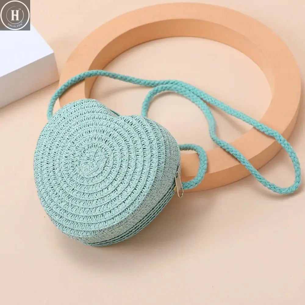 Children's Straw Shoulder Bags Beach Bag Coin Purse Kids Heart Shape Woven Crossbody Bag HALALZEN