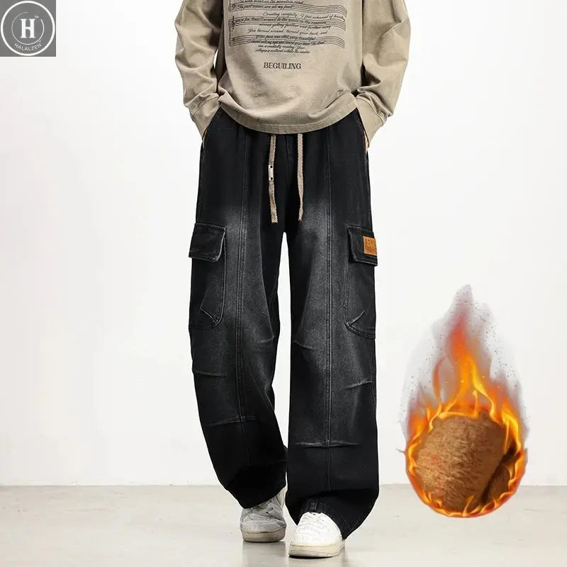 New Winter Velvet Denim Jeans Wide Leg Washing Jean Pants Men Trousers Neutral Loose Casual Outdoor Fashion Pants Big Size 8xl Halalzen UK